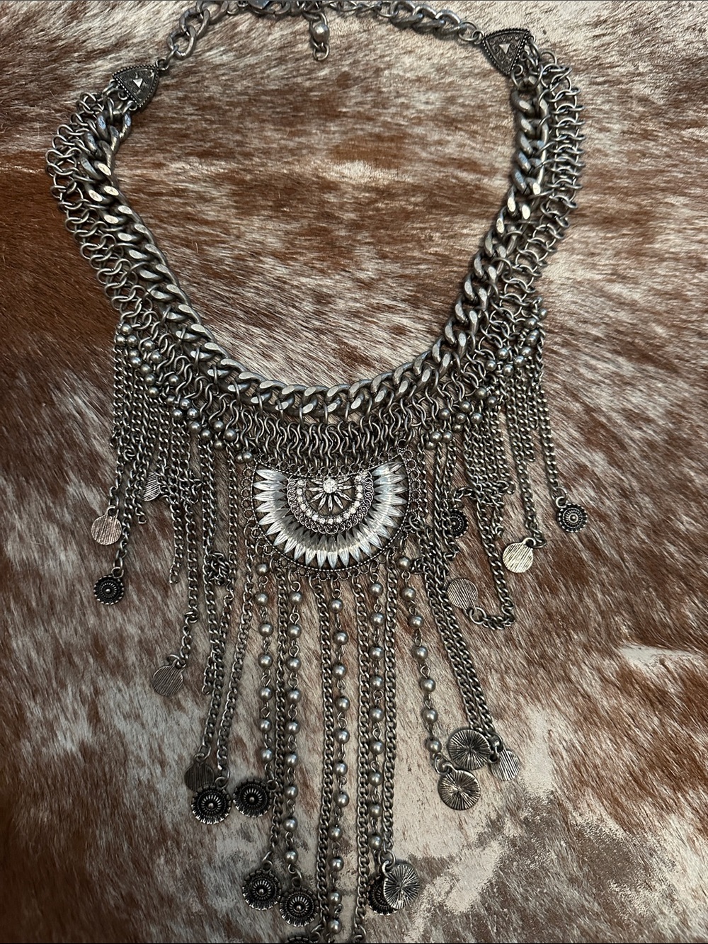 Statement Silver Fringe Bib Necklace